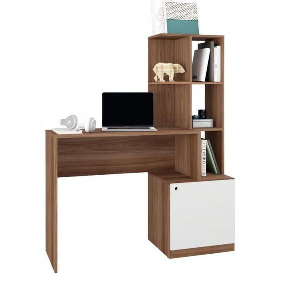 Bureau Châtaignier Blanc Bibliothèque 6 Niches et 1 Caisson Intégrés - L 113.5 x l 39.5 x H 138 cm