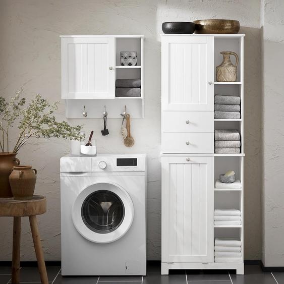 BZR104, Armoire haute de salle de bain, armoire à linge étroite avec porte escamotable, blanc