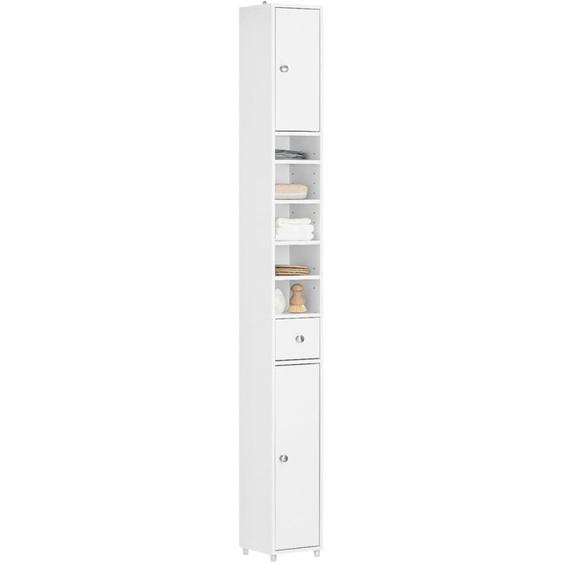 Sobuy - Colonne de Salle de Bain étroite, Meuble de Rangement, Armoire de Toilette avec 4 étagères réglables, 1 Tiroirs et 2 Portes, Blanc,
