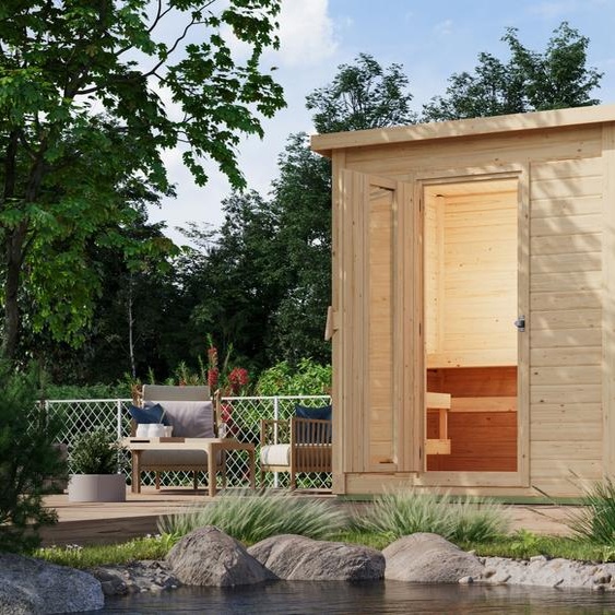 Cabane de sauna Karibu, sauna dextérieur, sauna de jardin Hytti 1, non traité, sans accessoires, bois massif 38 mm, 196 x 146 x 228 cm