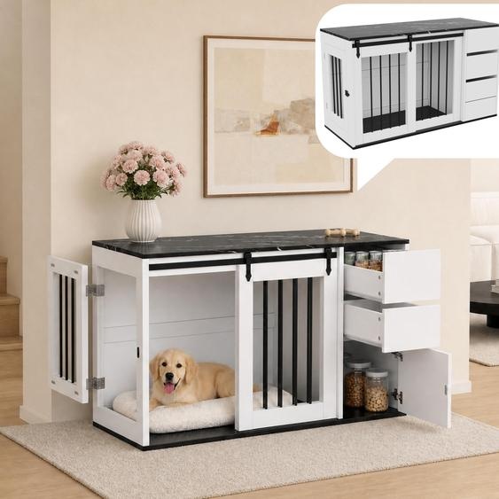 Cabanon pour chien avec porte coulissante et loquet de sécurité, cage pour chien, boîte de transport avec tiroirs et porte, table dappoint 140x60x87 cm, noire