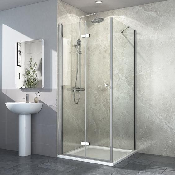 Cabine de douche EMKE 75 x 90 x 185 cm, entrée dangle, paroi de douche à porte battante et porte pliante, paroi de douche en verre rabattable, porte de douche en verre de sécurité trempé de 6 mm