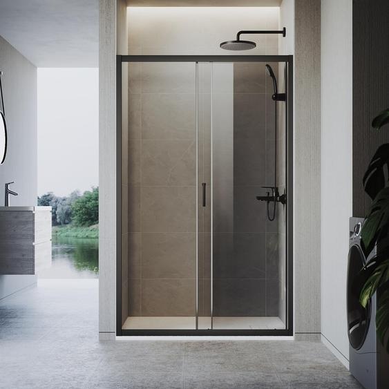 Cabine de douche SONNI 110 x 185 cm en noir mat, porte coulissante,rails supérieur et inférieur, verre gris de 5 mm, cadre de porte avec position de réglage de -20 mm