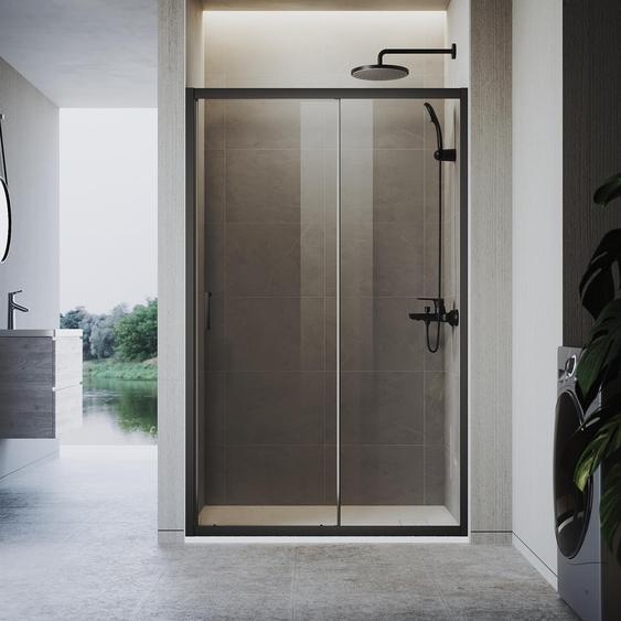 Cabine de douche SONNI 120 x 185 cm en noir mat, porte coulissante,rails supérieur et inférieur, verre gris de 5 mm, cadre de porte avec position de réglage de -20 mm