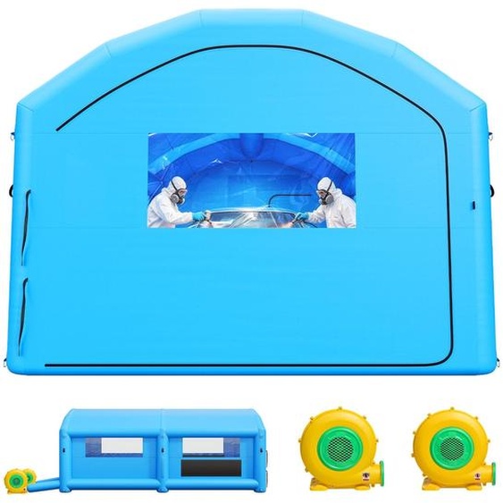 Cabine de peinture gonflable - Cabine de projection de 7 x 4 x 2,75 m - Équipée de 2 ventilateurs de 550 W/750 W - Filtre à charbon actif - Fenêtre en PVC transparent - Adaptée aux pick-ups et aux meubles - Portable, de couleur bleue