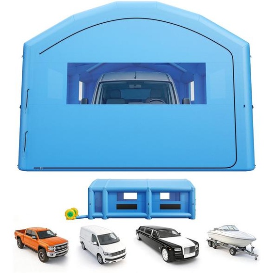 Cabine de peinture gonflable, tente de peinture - Cabine de projection 10 x 6 x 4 m - Équipée de ventilateurs de 950 W et 1100 W - Avec système de filtration - Avec zone de vestiaire - Pour voitures et pick-ups - Portable, de couleur bleue