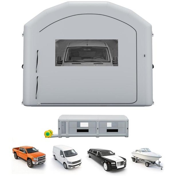 Cabine de peinture gonflable, tente de peinture - Cabine de projection 12 x 5 x 4 m - Équipée de ventilateurs de 950 W et 1100 W - Filtre à charbon actif - Vestiaire - Fenêtres en PVC - Adaptée aux pick-ups et aux fourgonnettes - Couleur : gris