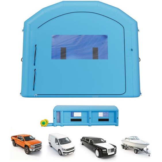 Cabine de peinture gonflable - Tente de peinture / cabine de projection de 12 x 5 x 4 mètres - 2 ventilateurs de 950W et 1100W - Filtre à charbon actif - Zone de vestiaire - Toit en arc - Adaptée aux pick-ups et aux fourgonnettes - Couleur : bleu