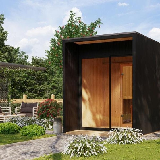 Cabine de sauna Karibu, sauna dextérieur, sauna de jardin Miramar, laqué noir, poêle 9 kWexterne easy, éléments isolés de 73 mm, 425 x 217 x 242 cm