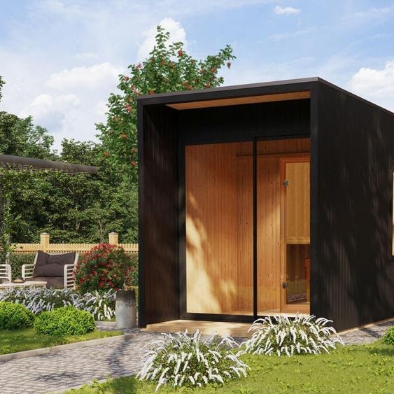 Cabine de sauna Karibu, sauna dextérieur, sauna de jardin Miramar, laqué noir, sans accessoires, éléments isolés de 73 mm, 425 x 217 x 242 cm