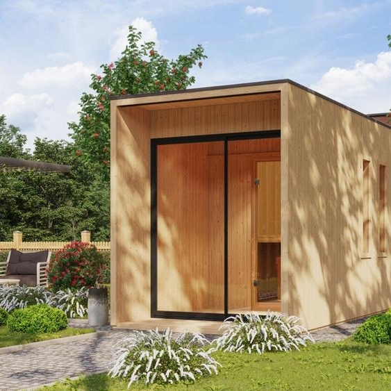 Cabine de sauna Karibu, sauna dextérieur, sauna de jardin Miramar, non traité, poêle 9 kWexterne easy, éléments isolés de 73 mm, 425 x 217 x 242 cm
