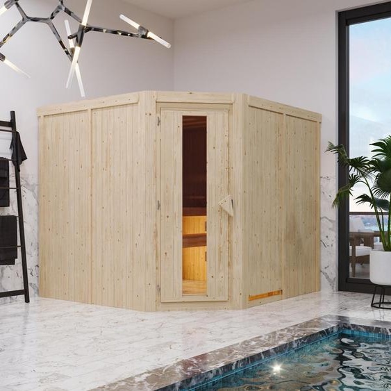 Cabine intérieure Karibu Malin Sauna intérieur 3 bancs en bois, cabine de sauna avec épaisseur de paroi de 68 mm, sauna vapeur avec matériel de montage