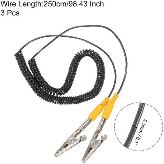 Cable de Mise  la Terre ESD Avec Pince Crocodile de 250 cm de Long, Anti-Statique Avec Pince Crocodile pour liminer llectrostatique des Conducteurs, Lot de 3 (Noir)