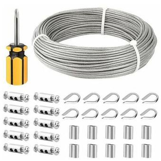 XVX - Cable Inox 3mm,50M/3mm Corde en Acier Inoxydable,Cable en Acier Revêtu avec Serre-Câbles,M3 Manchons,Cosses en Acier Inoxydable,3mm Cable