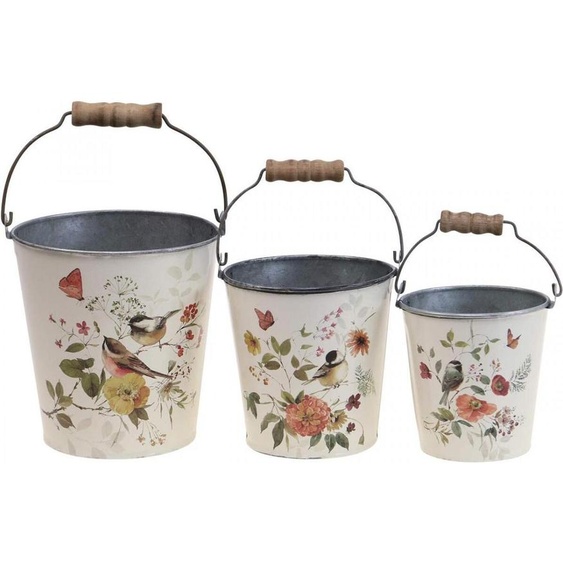 Cache-pots en métal vintage Set de seaux avec poignée en bois, déco romantique, motifs floraux et oiseaux, 3 tailles, crème multicolore