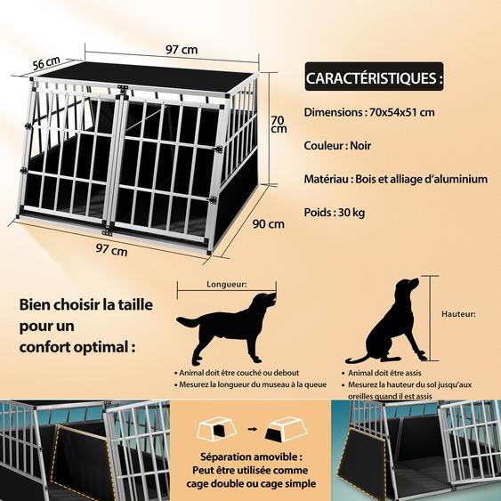 CADOCA® Cage de Transport XXL pour Animaux Aluminium MDF 2 Portes Noir Caisse Chien boîte Box de Transport Voiture