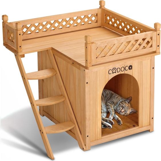 CADOCA® Maison pour chats en bois de pin 65x55x54cm 2 étages échelle balcon niche pour chiens villa pour animaux terrasse