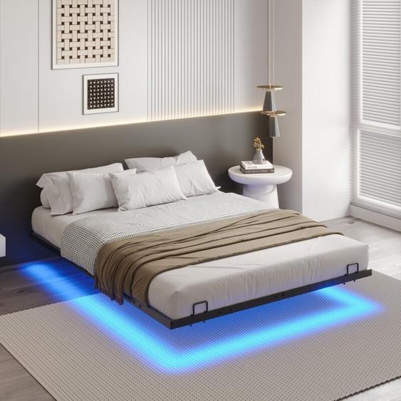 Frhnenha - Cadre de lit avec éclairage led et sommier à lattes en métal, cadre de lit avec lumière, cadre de lit flottant, Noir, Sans Matelas,