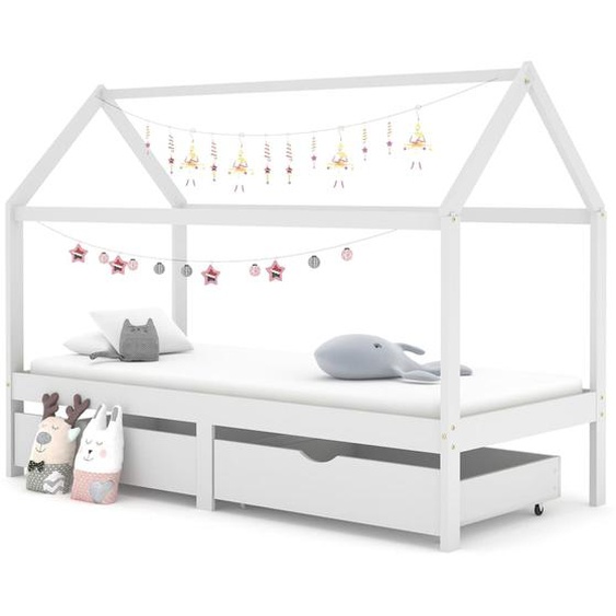 Cadre de lit denfant avec tiroirs Blanc Pin massif 90x200 cm