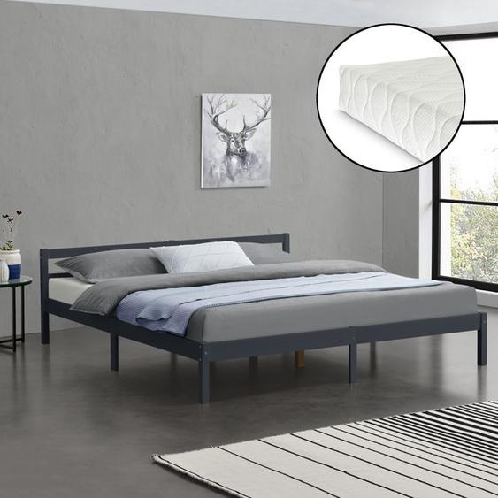 Cadre de Lit Double Nakkila Pin avec Matelas à Mousse à Froid 180 x 200 cm Gris Foncé [en.casa]
