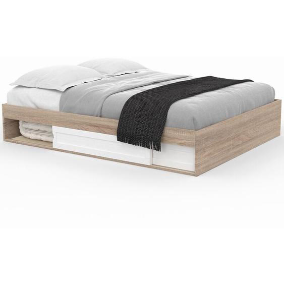 Idmarket - Cadre de lit double salem avec rangements et sommier 160 x 200 cm façon hêtre et blanc