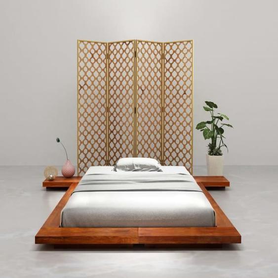 Cadre de lit Futon japonais en bois dacacia massif 220 x 220 x 11 cm - Marron miel brun