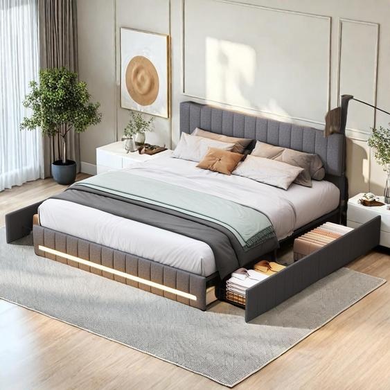 Cadre de lit Moonbite Bett-Rahmen, 140x200 cm, gris, avec revêtement rembourré – Tête de lit moelleuse, sommier fixe, design épuré