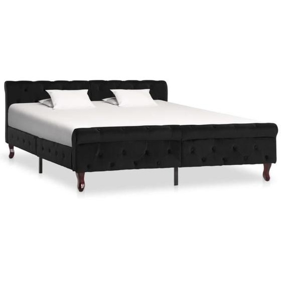 Cadre de lit - MOTHINESSTO - Noir Velours 160 x 200 cm - Contreplaqué et acier - Pieds en bois de pin