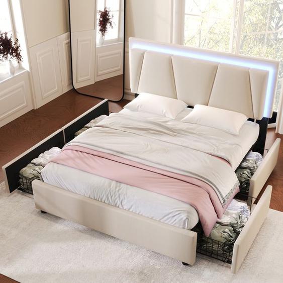 Cadre de lit rembourré 160 x 200 cm,avec éclairage LED et 4 tiroirs, tête de lit réglable en hauteur,lit double,beige