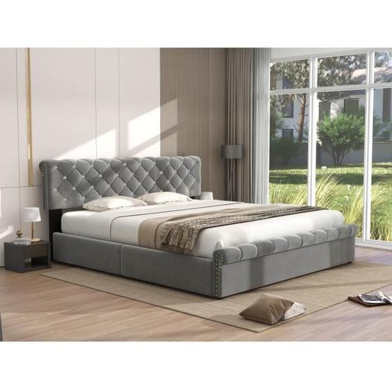 Cadre de lit rembourré avec tête de lit et pied de lit capitonnés, sans matelas,160x200cm,velours gris