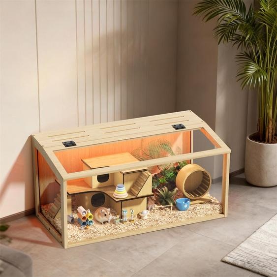 Cage à hamster WISFOR avec éclairage LED, cage en bois pour petits animaux, cage à souris avec couvercle rabattable, fenêtre dobservation, 80 x 40 x 40 cm