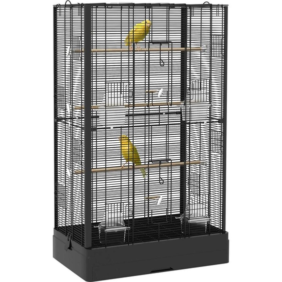 Cage à oiseaux - 61 x 36,5 x 98 cm - Portes, suspensions, bac de fond extractible - Acier & sapin - Noir