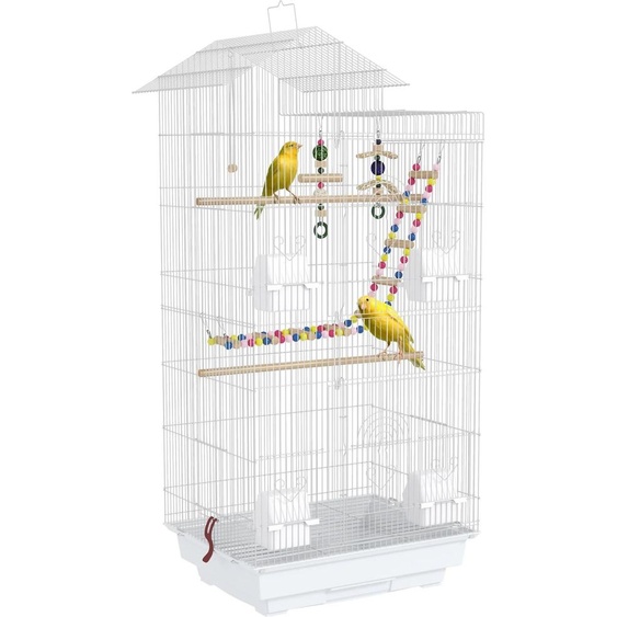 Cage à oiseaux - Acier - 46x36x100 cm - Plusieurs portes - 4 mangeoires pivotantes - Blanc