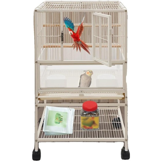 Cage à oiseaux, acier au carbone, 48,5 x 46 x 83 cm, couleur blanche, 4 roulettes, diamètre du fil métallique : 2,3 mm