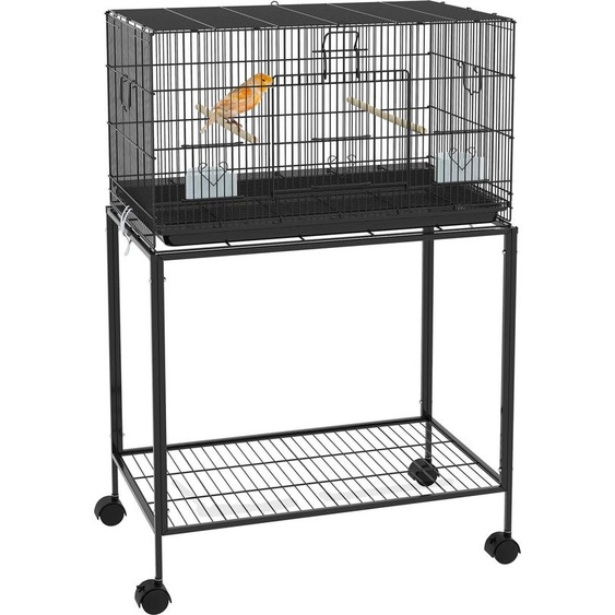 Cage à oiseaux - Avec roulettes - Acier - Tiroir inférieur extractible - 77×46×119 cm - Noir
