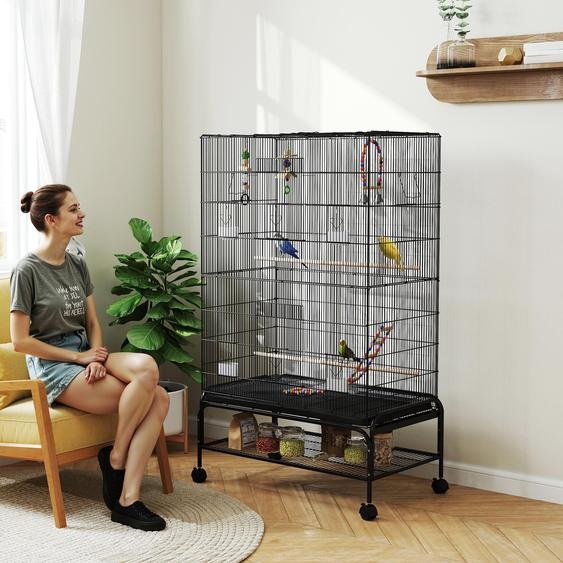 Cage à oiseaux avec toit ouvrant, perchoirs et jouets, en acier, noir | 97 x 58 x 160 cm | 10 portes | bac de fond amovible