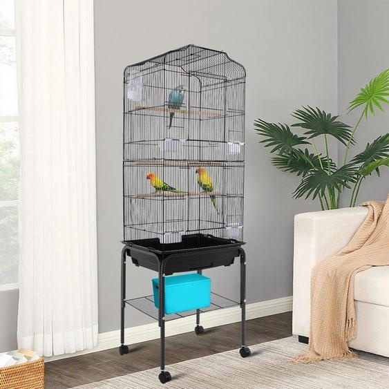 Cage à oiseaux - Cage à perroquets avec roulettes - Grande - Fer - Cage délevage - Pour calopsittes et perruches - Noir