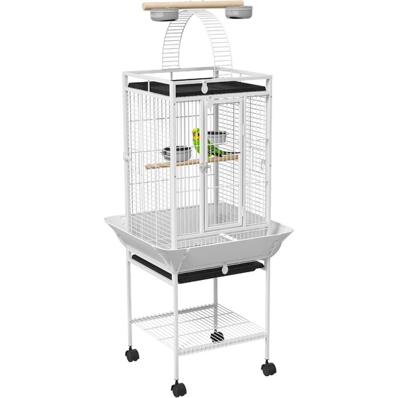 Cage à oiseaux, cage pour perroquets avec 3 portes, 2 perchoirs, roulettes à 360°, gamelle, étagère, volière pour oiseaux avec zone de repos, plateau amovible, volière en acier pour perruches, 62,5 x 62,5 x 156 cm, blanche