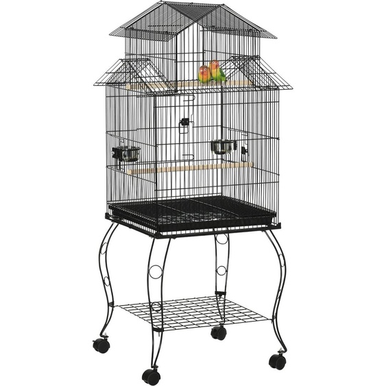 Cage à oiseaux, construction en fer, plateau amovible, roues, noir, 50x49x137 cm