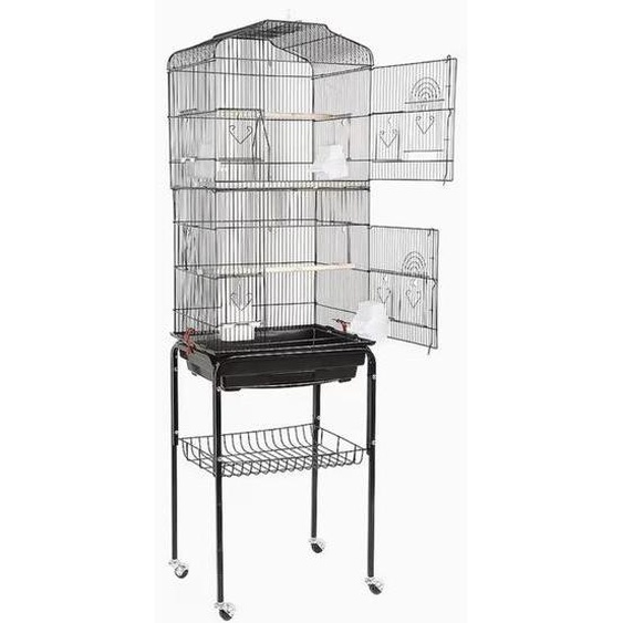 Cage à oiseaux mobile sur roulettes | Cage pour perroquets et oiseaux avec espace de rangement et socle amovible | Pour lintérieur et lextérieur | Métal, noir | 150,6 × 46 × 35,3 cm