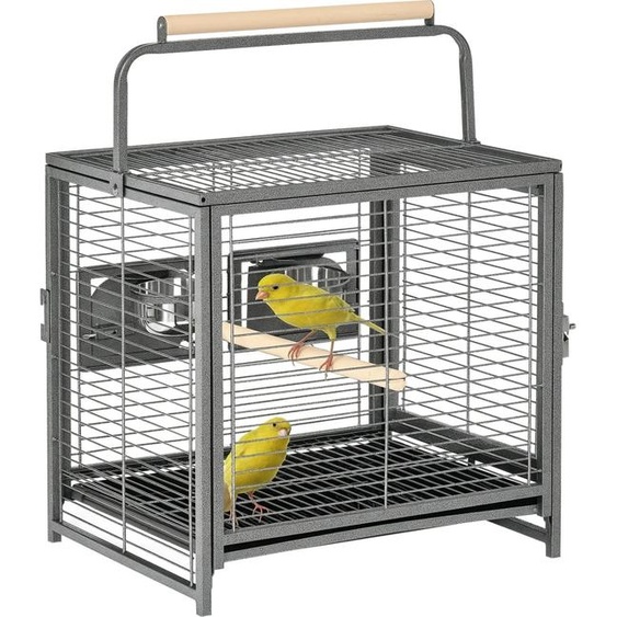 Cage à oiseaux - Modèle portable - 48 × 38 × 47,8 cm - 2 perchoirs en bois - 2 mangeoires - Plateau amovible - Structure en acier - Noir