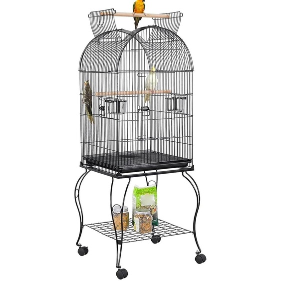 Cage à oiseaux - Pour lintérieur, sur roulettes - Toit ouvrant - Socle amovible - En fer - Pour canaris et perruches - Noire