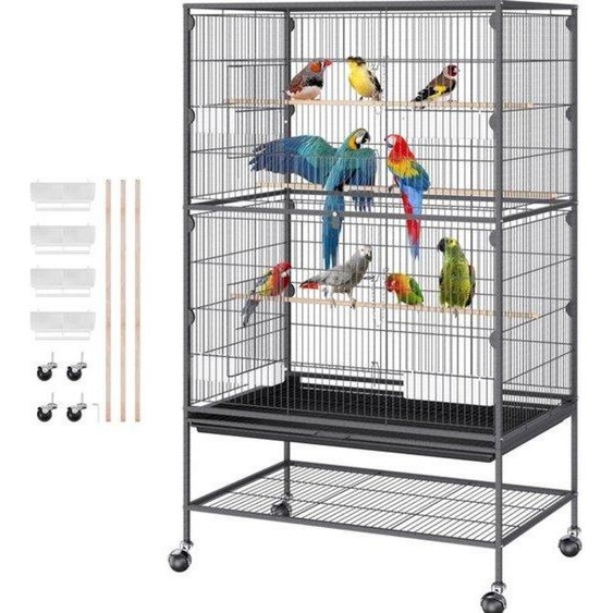Cage à oiseaux pour parquets - 79 x 51 x 132 cm - Noir - Modèle standard à roulettes - Avec plateau de transport