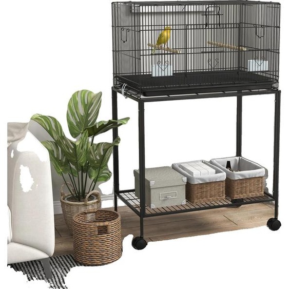 Cage à oiseaux, structure en acier, bac de nettoyage amovible, noir, 77 x 46 x 119 cm