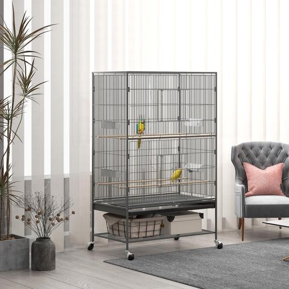 Cage à oiseaux sur roulettes, cage grillagée en acier, bac de fond amovible, gris | 94 x 57 x 153 cm | Espacement des barreaux : 1,5 cm | 22,5 kg