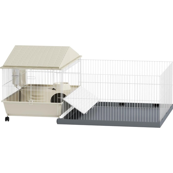 Cage cochon dinde cage pour petits animaux avec parc amovible tapis impermable mangeoire  foin 108 x 71 x 57 cm beige