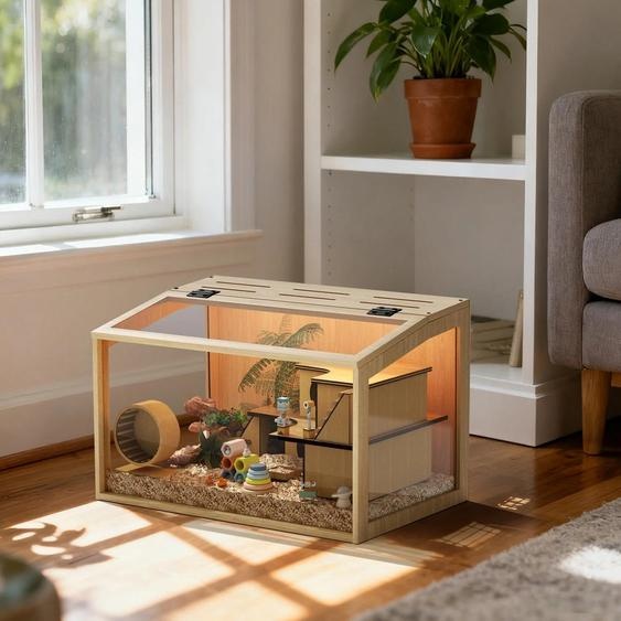 Cage de hamster et de cochon dInde - Cage en bois - 60 cm - Verre trempé - Résistant aux morsures - Eclairage LED intégré - Kaki foncé