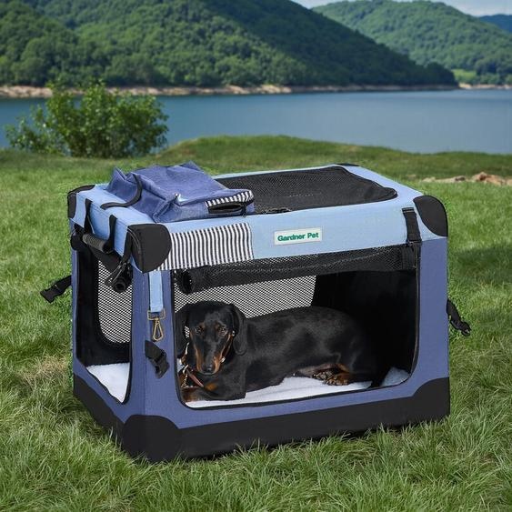 Cage de transport pliable pour chiens, dimensions 66x48x48 cm, avec poignées de transport et couverture, adaptée aux chiens pesant jusquà 15 kg, de couleur bleue