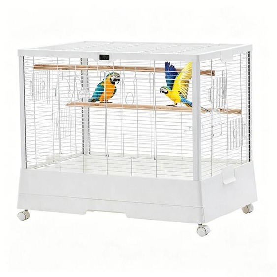 Cage de transport portable pour oiseaux - Cage de voyage pour petits et moyens oiseaux - En fer, avec perchoir en bois, mangeoires et balançoire - Poignée - Adaptée pour une utilisation intérieure et extérieure - Blanche