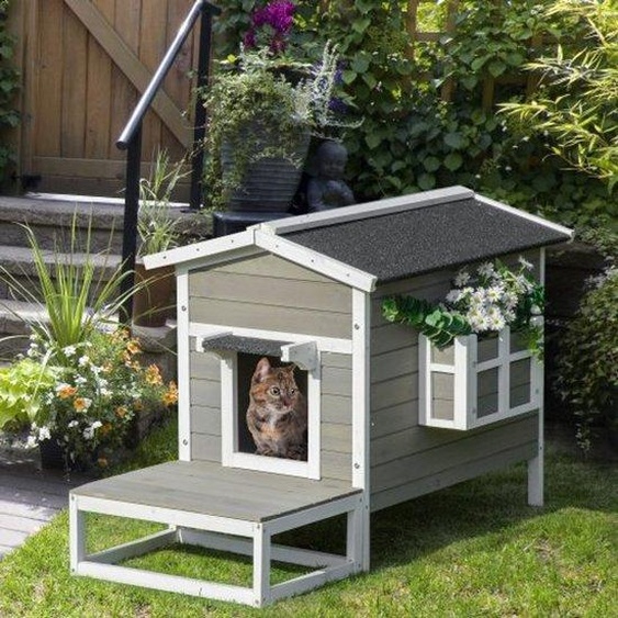 Cage de transport pour chat en bois de hêtre, grise et blanche, 115 x 66,5 x 74,7 cm